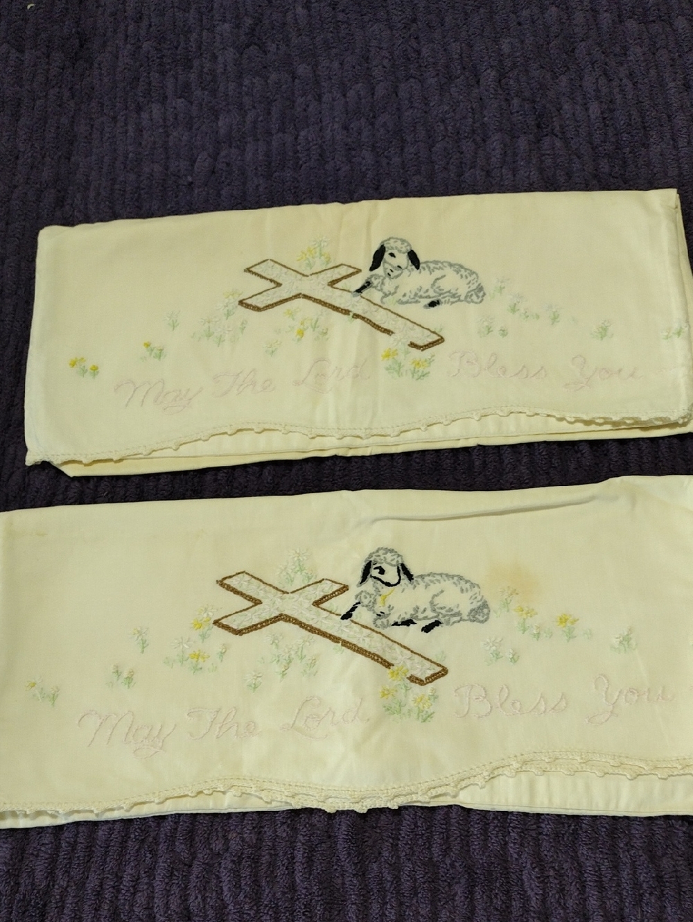 Embroidered Lamb & Cross Pillow Cases  Cream Set
